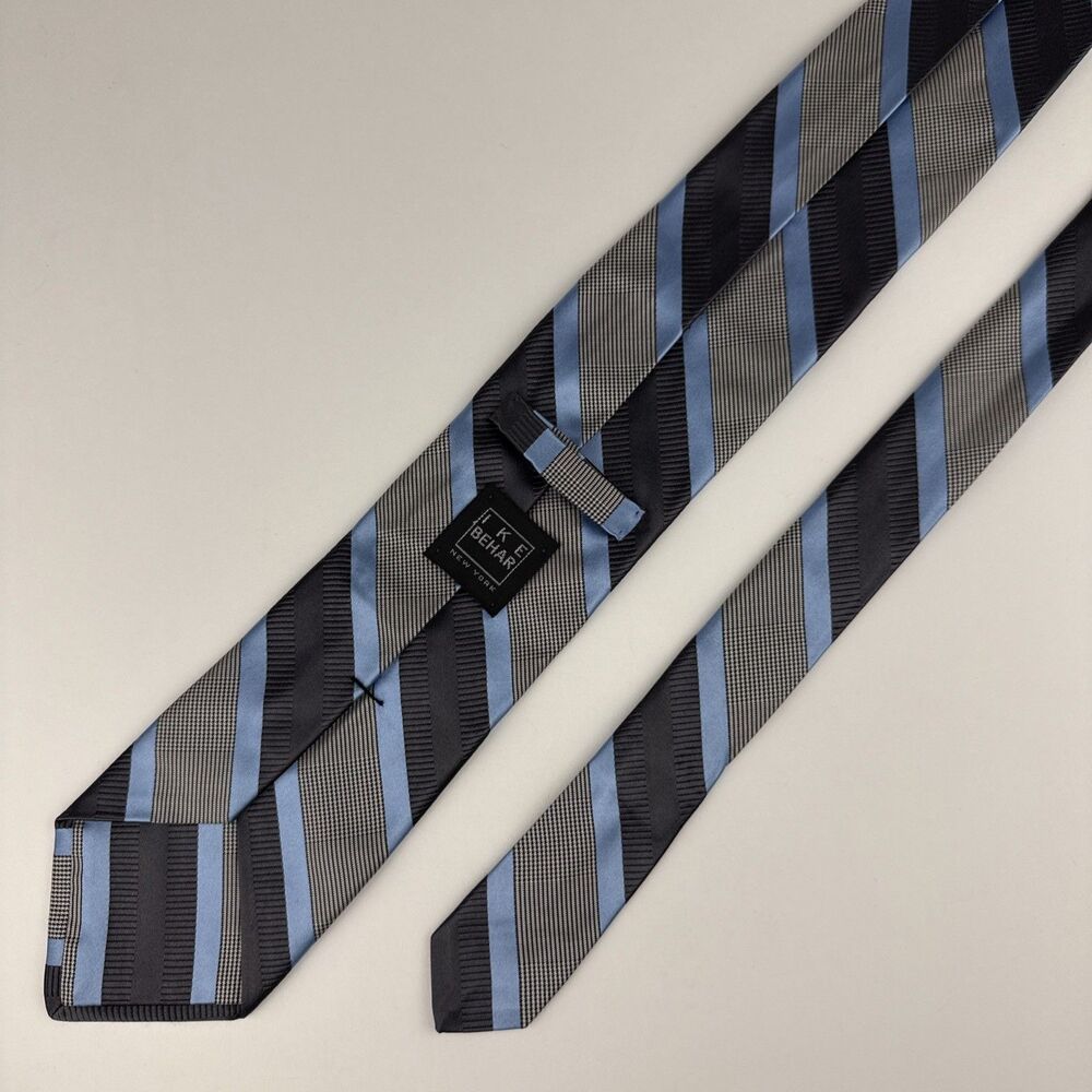 IKE BEHAR Necktie Blue/White/Gray Striped Tie Made in USA 59"x3.75"